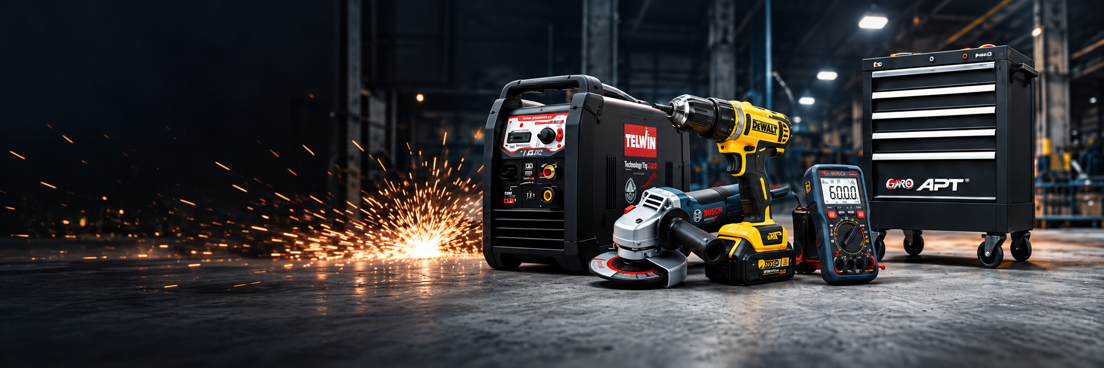 مجموعة عدد ومعدات صناعية من صن تولز — ماكينة لحام TELWIN، مثقاب DeWALT، صاروخ تجليخ Bosch، وصندوق عدة APT