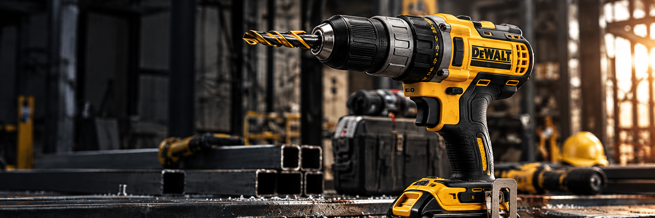 مثقاب DeWALT على موقع إنشاءات عند غروب الشمس